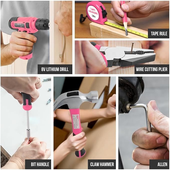 133-Piece Pink Electric & Manual Tool Set for lady - USB Rechargeable Handheld Screwdriver, Claw Hammer, Drill Bits, Essential Accessories, Portable Storage Case, Ideal Gift for Women