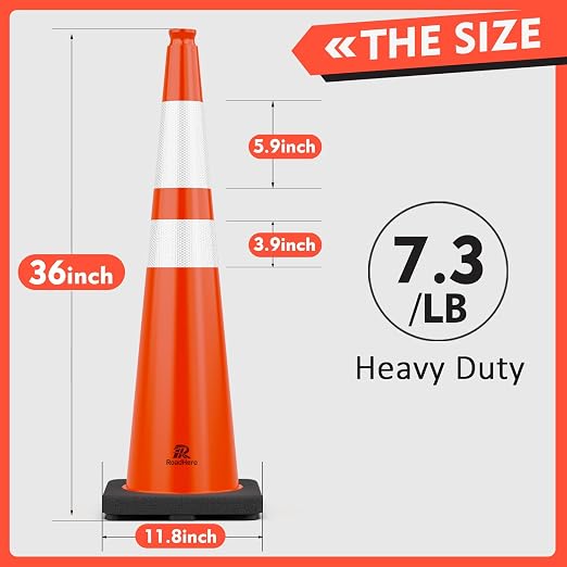 RoadHero 4 Pack Traffic Safety Cones 36 Inch with Black Weighted Base, Plastic PVC Cone, Orange Cones with Reflective Collar, Cones for Parking Lot, Construction Events, Road Safety