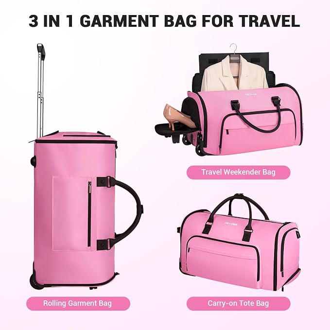 DEVPNR Rolling Garment Bags for Travel, 59L Rolling Duffle Bag with Wheels and Shoe Compartment for Men and Women, 3 in 1 Carry on Convertible Travel Garment Bag with Wheels, Pink