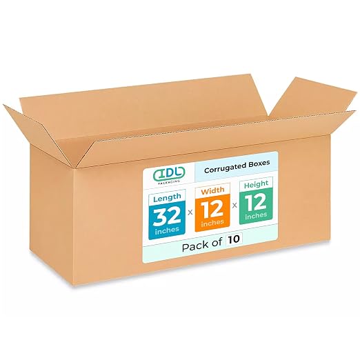 Long Shipping & Moving Boxes 32x12x12 inches (10-Pack) - Extra Strength 200 lb vs Regular - USA-Made Corrugated Packing Boxes for USPS/UPS/FEDEX - Long Cardboard Box for Delivery by IDL Packaging