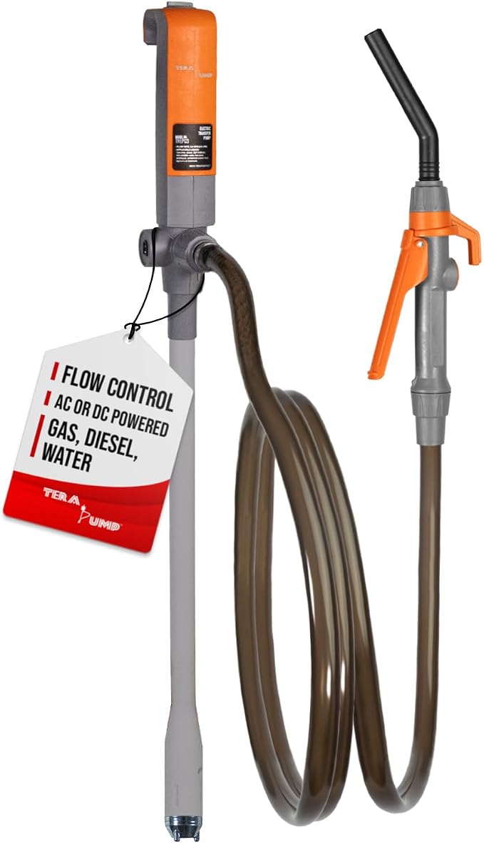 TERA PUMP 3rd Gen. Fuel Transfer Pump w/Quick Flow Control Nozzle - [ 2X Electric Power Options ] 12V AC/DC Plug-in & DC Inverter Clips, 8.2FT Discharge Hose, Gas, Diesel, Water (2.4 GPM)