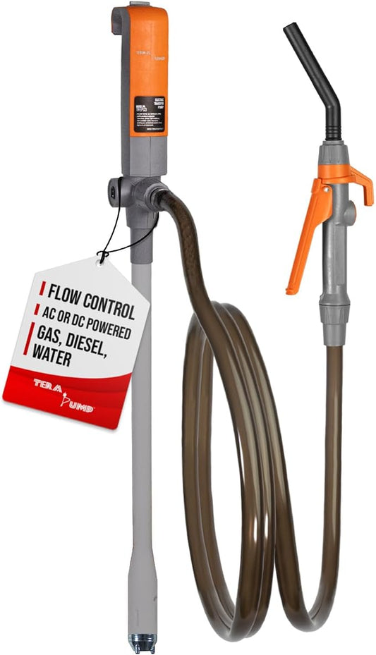 TERA PUMP 3rd Gen. Fuel Transfer Pump w/Quick Flow Control Nozzle - [ 2X Electric Power Options ] 12V AC/DC Plug-in & DC Inverter Clips, 8.2FT Discharge Hose, Gas, Diesel, Water (2.4 GPM)