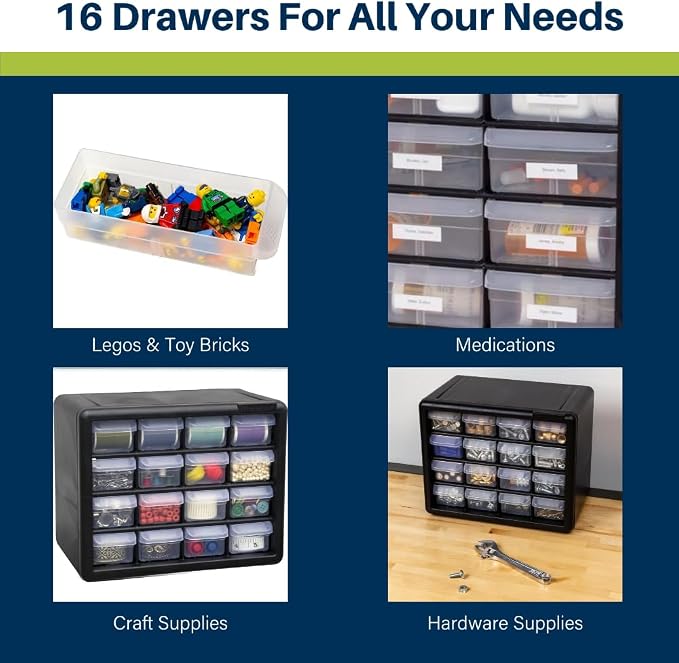 Akro-Mils 16-Drawer Plastic Drawer Storage Cabinet for Garage Organization, Beads, Makeup Organizer, Building Bricks Storage, Teacher Toolbox, 10-1/2" W x 6-1/2" D x 8-1/2" H, 10116 Black (Pack of 2)