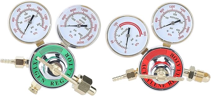 2pcs Dual Welding Gas Regulators, Oxygen (CGA-540) and Acetylene (CGA-510) Combo Brass Gauges Two-piece Suit Compatible with Victor Harris Torch Cutting kits