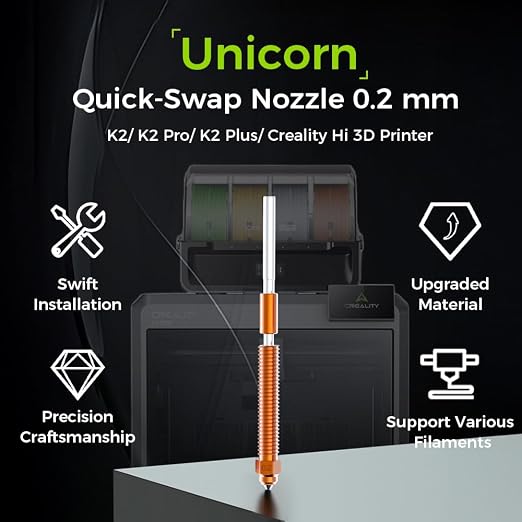 Creality K2 Plus/ K2 Nozzle 0.2mm, Original Unicorn Quick Swap Nozzle with Titanium Alloy Heat Break Copper Alloy Hardened Steel, High Flow High Speed Print for Creality K2 Series/Hi Combo
