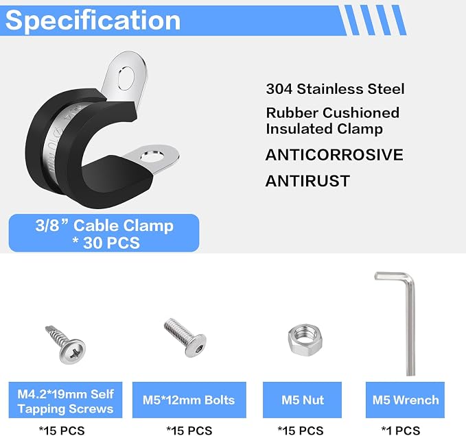 76PCS 3/8Inch(10mm) Cable Clamps, 304 Stainless Steel Wire Clamp, Rubber Metal Hose Clamps With 2 kinds of Screws for Wire Line Clips, Pipe, Hose Bracket, Wire Cord Automotive Installation