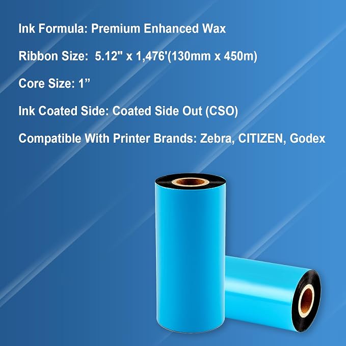 1 Rolls 5.12" x 1476' Premium Enhanced Wax Thermal Transfer Ribbon, 130mm x 450m Black Industrial Barcode Label Printer Ribbon - Compatible with Zebra, TSC, GoDex, Citizen, 1" Core
