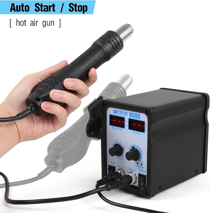 FEITA 8586 SMD Hot Air Rework Station 2 IN 1 Digital Soldering Iron & Heat Air Gun with 5 Solder Tips, 1 Solder Sucker, 1 Solder Wire, 1 Curved Tweezer, 3 Nozzles Kit