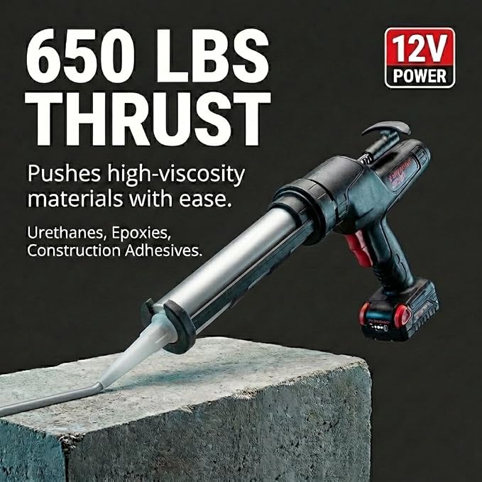 Heavy Duty Caulking Gun | 12V Cordless Drive | 10oz Cartridges 300ml | 450lbs Thrust | No Drip Professional Calking for Painters, DIYers, Automotive, Contractors