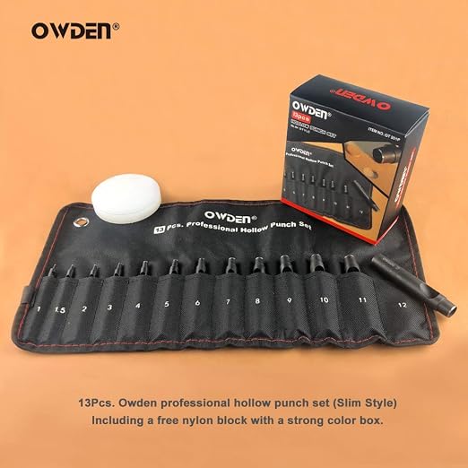 OWDEN Professional 13 Pcs Leather Hole Punch Set (Slim Style) 1.0-12MM for Belt,Watch Band and Strap Gasket. with a Free 3" Nylon mat.