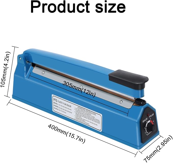 12 Inch Impulse Heat Sealer Machine, Cookie Bag Sealer for Plastic Mylar PE PP Bags and Kraft Paper Bags, Manual Poly Bag Hot Seal Sealing Machine with Extra Replace Element Grip