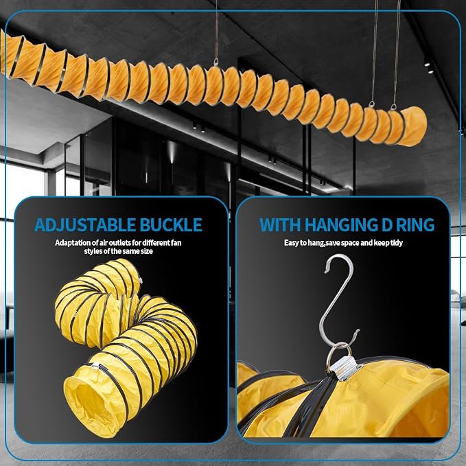 12Inch 25FT PVC Flexible Duct Hose, HVAC Duct Hosing with D-Ring & Ajustable Rope for Utility Blower Fan, Ventilation, Exhaust, Drying, and Cooling Applications (12IN-25FT)