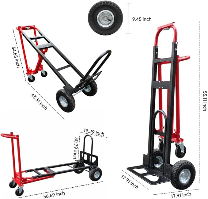 Suzhi Convertible Hand Truck Dolly Cart Heavy Duty/with 4 Wheels,Industrial Grade,1000 Lbs Load, 2 Straps for Moving Furniture/Appliance/Carton/Warehouse/Office / 10 Minutes' Install as Video