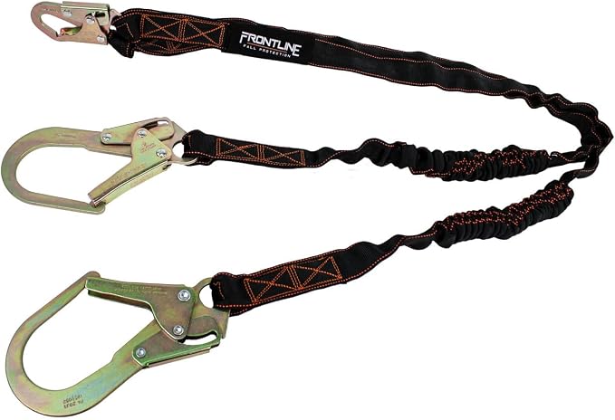 Frontline LIS62R Double Shock Absorbing 6' Lanyard | Twin Leg Lanyard 1 Snap Hook and 2 Rebar Hook Ends | ANSI & OSHA Compliant Fall Protection | 6000 lbs. Min. Breaking Strength