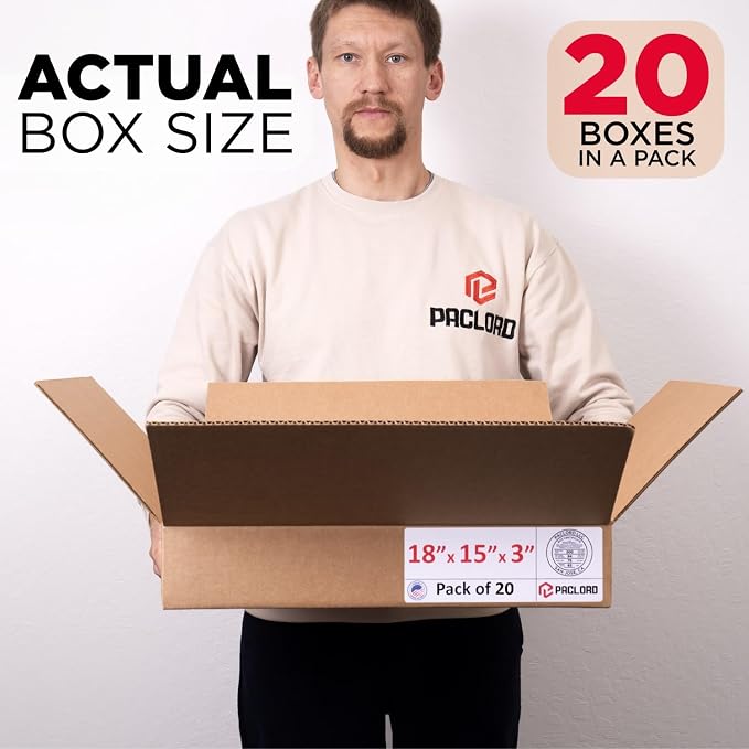 Flat Cardboard Boxes 18"L x 15"W x 3"H (Pack of 20) - USA-Made Packing Boxes for Moving, Shipping, or Storage - USPS, UPS, FedEx Approved - Professional Packing Supplies for Moving | USA-Made Packing Boxes for Moving, Shipping, or Storage - USPS, UPS, ...