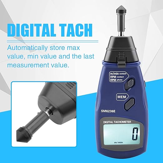 Digital Tachometer DT6236E RPM Meter with Large Display, RPM Meter for Small Engines, 2.5 to 99999 RPM Chainsaw RPM Tachometer 5 Digits Tach LCD Rotation Gauge Meter 96 Data Logging