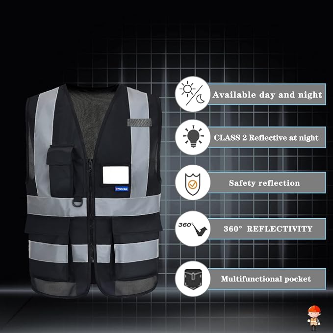 A-SAFETY Reflective Safety Vest with Clear PVC ID Holder, Zipper, Black, M | Black M safety vest with reinforced pockets, front zipper and clear ID holder for event operations and security,unisex.