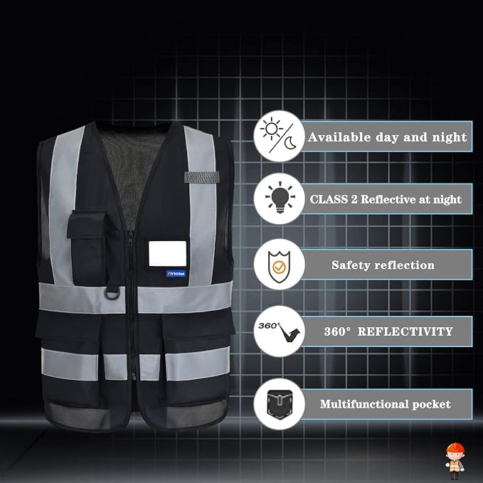 Black safety vests reflective | Black 2XL Polyester work vest with clear ID holder, mic tabs and reflective strips for event operations; for men and women.