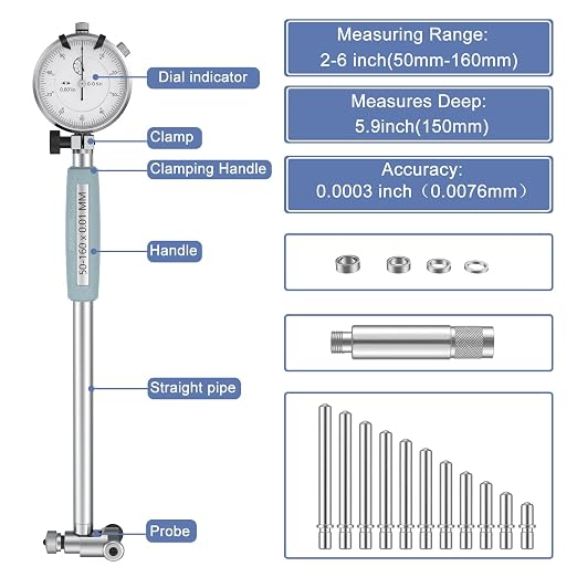 HDLNKAK Dial Indicator Bore Gauges 2“-6”/0.001", Extender Internal Diameter Gauge, Cylinder Bore Gauge Measurement, Bore Measurement Instrument Ensuring Precision for Machinists.