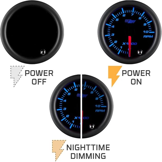 GlowShift Tinted 7 Color 10,000 RPM Tachometer Tach Gauge - for 1-10 Cylinder Gas Powered Vehicle Engines - Includes Wiring - Multi-Color Display - Black Dial - Smoked Lens - 2-1/16" 52mm