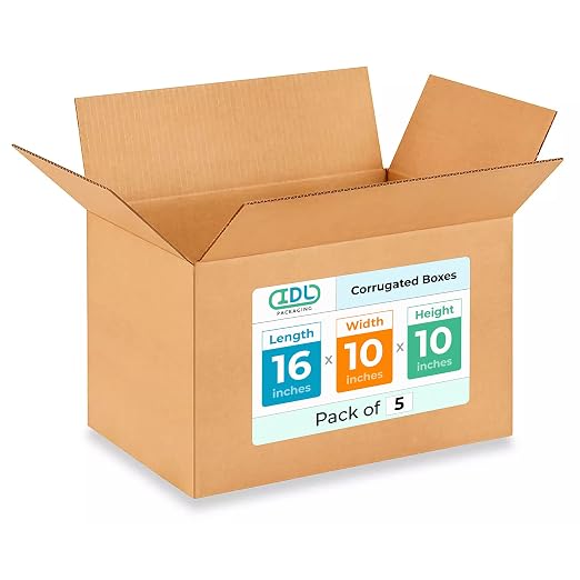 Medium Shipping & Moving Boxes 16 x 10 x 10 inches (5-Pack) - Extra Strength 200 lb vs Regular - USA-Made Corrugated Packing Boxes for Moving - Cardboard Moving Box - Packaging Box by IDL Packaging