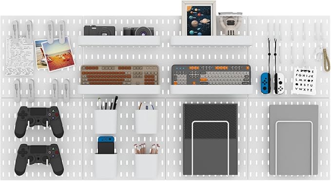 MULSAME Pegboard Combination Kit, Wall Mounted Storage Set with 8 Pegboards & 28 Accessories Hanging, Peg Boards Organizer for Walls Display, Crafts Organization, Kitchen Organizer, 22" x 44" White