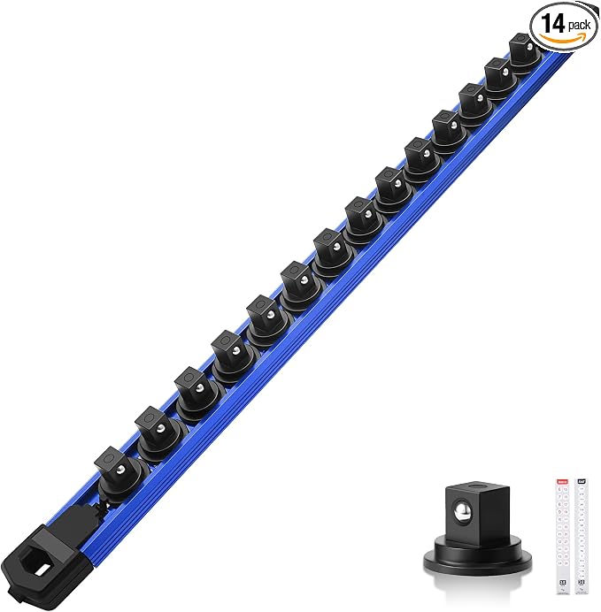 Reniteco Magnetic Socket Organizer, 3/8" Drive Aluminum Alloy Socket Rail, Heavy Duty Magnetic Socket Holder with 14PC 360° Swivel Removable Clips, Magnetic Socket Rack for Tool Box Drawer, Blue