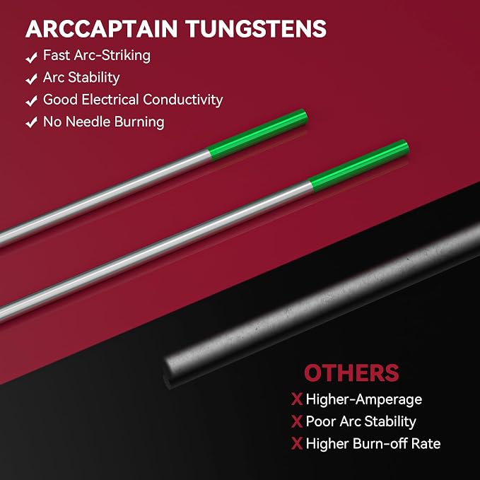 ARCCAPTAIN TIG Welding Tungsten Electrode 10-Pack 1/16"x 7"(Green - Pure Tungsten, WP, EWP)