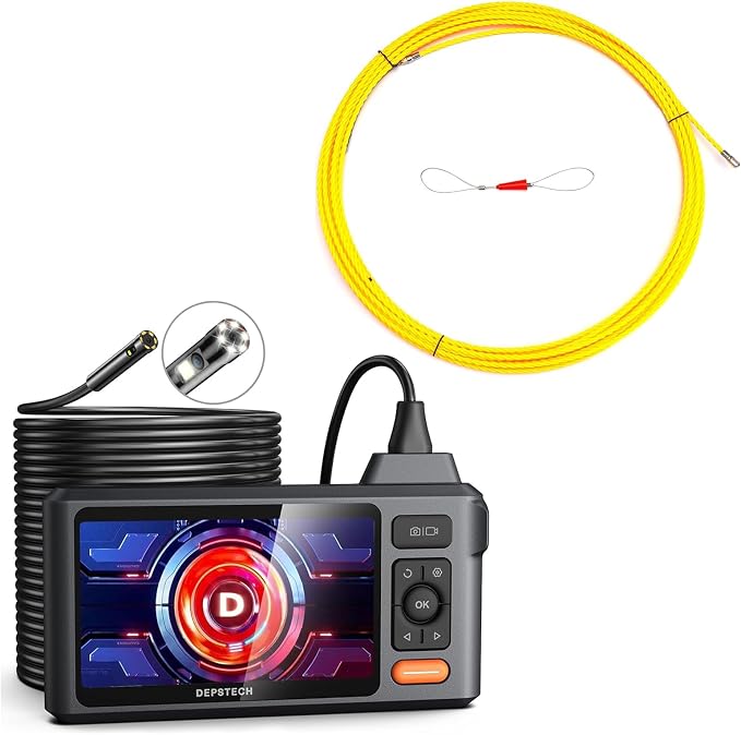 DEPSTECH DS520 50FT Sewer Inspection Camera, 1080P Dual Lens Endoscope Camera with Lights, 5" IPS Screen Borescope,Split Screen, 50FT Fish Tape Wire Puller Through Wall Wire Threader OD 6mm