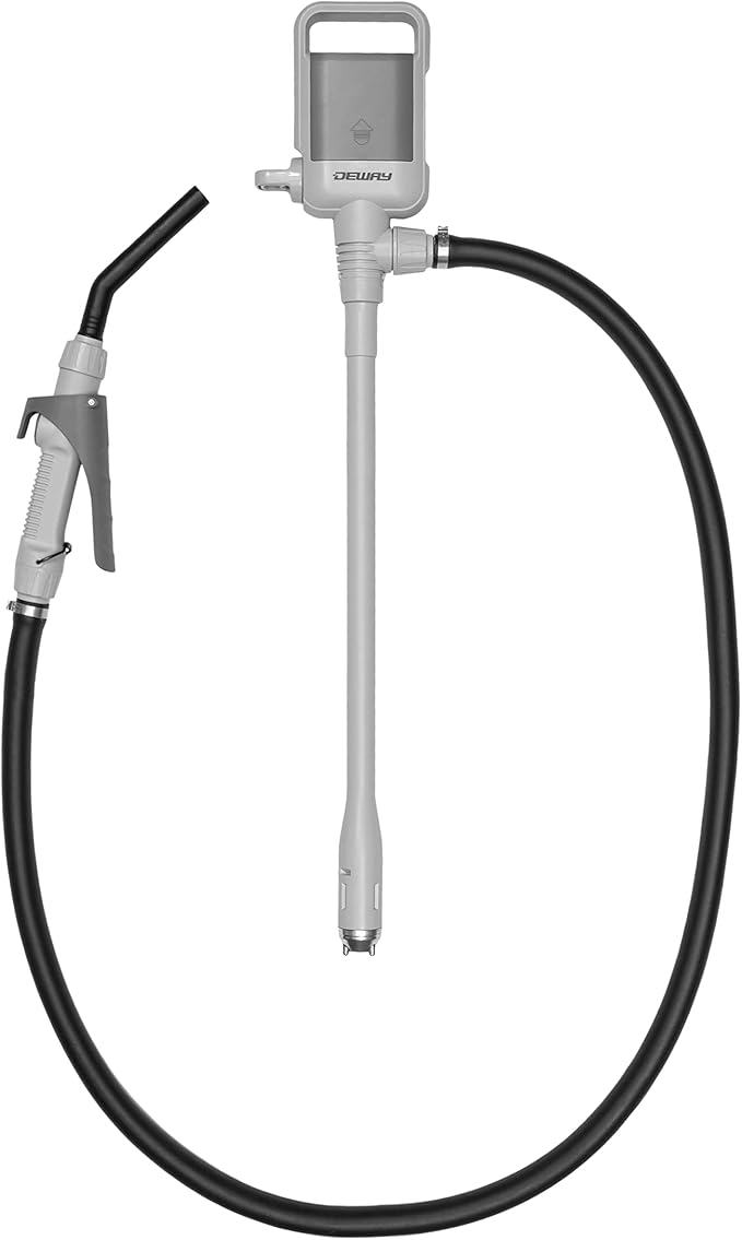 DEWAY Automatic Fuel Transfer Pump with Nozzle for Quick Flow Control & Stop, Heavy Duty Rubber Hose, 3X More Powerful D Battery Powered, Fits All Size Cans, Transfers at 2.4 Gal/Minute
