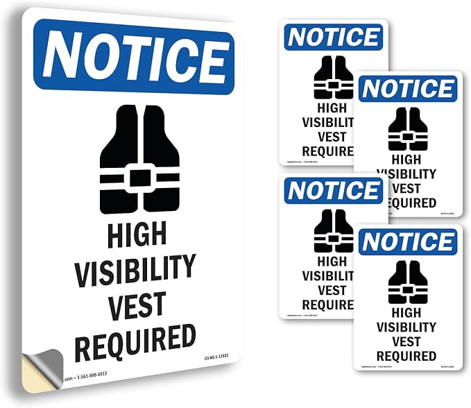 High Visibility Vest With Symbol OSHA Notice Vinyl Decal Label 10 Inch x 7 Inch - 5 Pack
