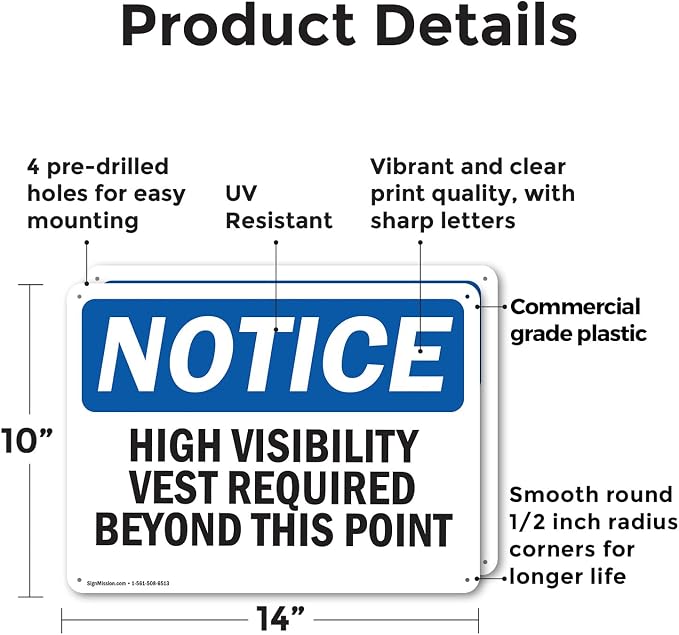 (2 Pack) High Visibility Vests Required Beyond This Point OSHA Notice Sign 14 Inch X 10 Inch Plastic Sign, Weather Resistant, UV Protected for Workplace, Business, and Construction Site, Made in the USA