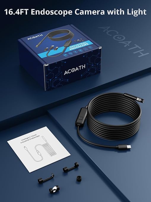 Acoath Endoscope Camera with Light, Dual-Lens 1920P HD Borescope with 8 Adjustable LED Lights, IP67 Waterproof Boroscope Inspection Tools, 16.4ft Semi-Rigid Snake Camera for iOS & Android