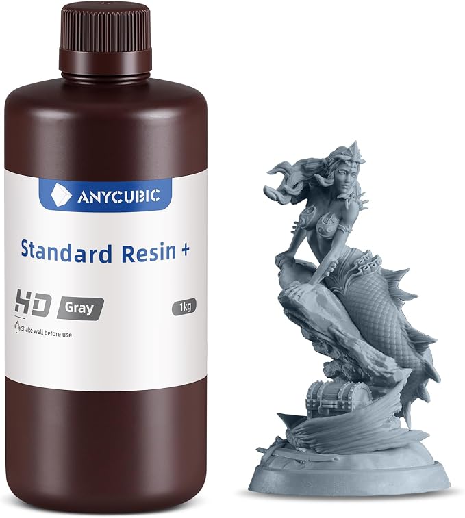 ANYCUBIC Standard 3D Printer Resin Plus, 405nm SLA Fast UV-Curing Resin, High Precision & Rapid Photopolymer for 8K/14K/16K Capable LCD/DLP/SLA 3D Printing (HD Gray, 1000g)