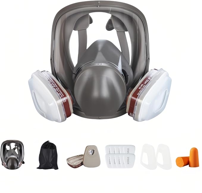 Full Face Respirator Mask with Extra Filters, Reusable Gas Mask for Organic Vapors, Dust, Paint, Chemical Work & Woodworking, Complete Kit with Earplugs & Storage Bag