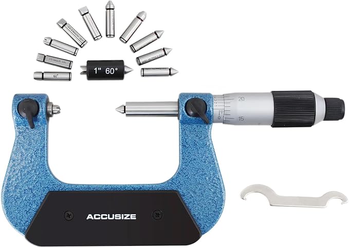 Accusize Industrial Tools 1-2'' X 0.0001'' Screw Thread Micrometer with 5 Anvil in Fitted Box, S916-C751 | 5 Anvil Sets: 44-28, 24-14, 13-9, 8-5, 4.5-3.5 TPI, 0.0001" Resolution, ±0.00016" Accuracy