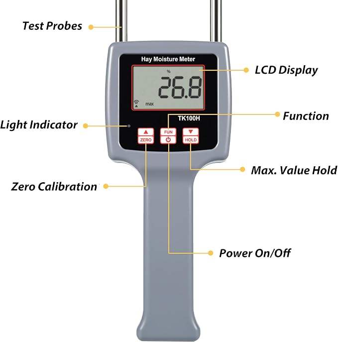 Precision Hay Moisture Meter, TK100H Digital LCD Hay Bales Moisture Detector, Portable Hay Moisture Tester with Moisture Probe for Hay Bale Moisture Level, Range 0-84%, Max. Hold
