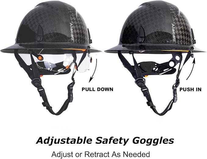Carbon Fiber Hard Hat Full Brim with Goggles- Safety Helmet with 6-Point Adjustable Ratchet Suspension- ANSI Z89.1 Compliant