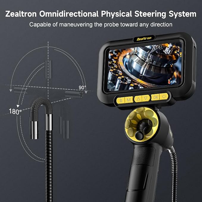 360° Joystick Articulating Borescope with Light,5'' Monitor 6.2mm Slim Probe Endoscope Inspection Camera,4-Way Articulating Borescope with 5ft Resilient Gooseneck Cable-Dual Battery Pack