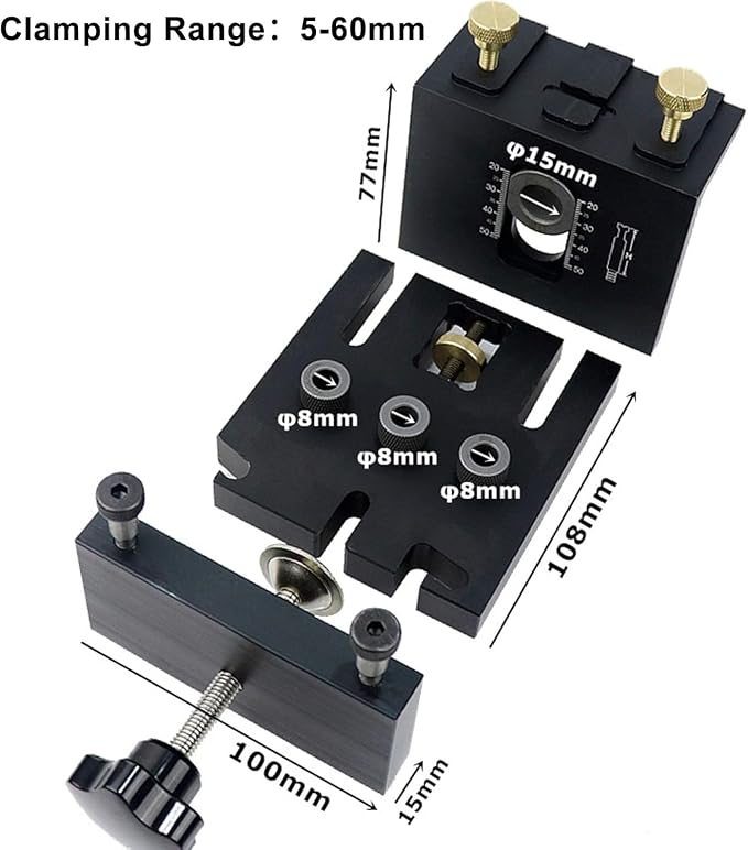 3-in-1 High Precision Jig Dowel Cam Jig Kit Wood Hole Drilling Guide,with Positioning Clip Adjustable Drilling Guide Puncher Locator Carpentry Tools for DIY Wood working Furniture Repair