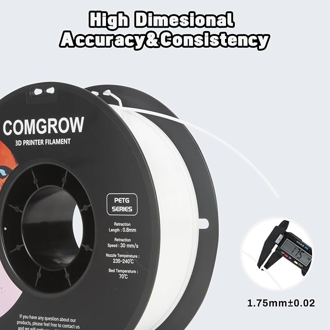 Comgrow PETG 3D Printer Filament 1.75mm, High Precision and Tough 3D Printer Filament 2kg (4.4LBS), Dimensional Accuracy +/- 0.02 mm, Fit Most 3D Printers White+Grey