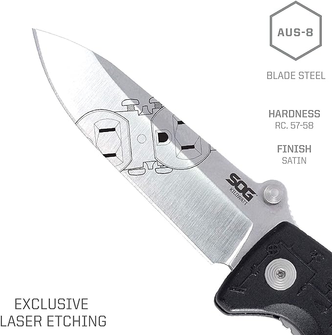 SOG Kilowatt- Electricians Pocket Knife with Wire Stripping Multi-Tool and 3.4 Inch AUS-8 Blade, UTP 10-22G Wire Stripper Knife (EL01-CP), Black