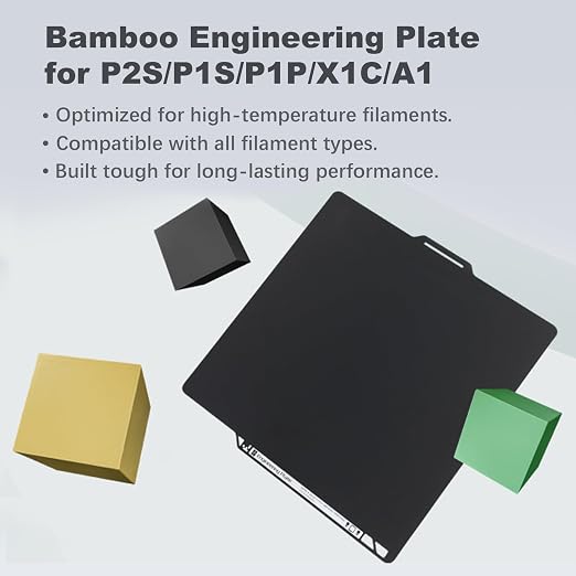 Original Bamboo Engineering Plate for Bambu Lab X2D/P2S/P1S/P1P/X1C/A1, High-Temperature Build Plate for All Filaments, Smooth Surface, Durable Coating, Strong Adhesion with Glue, 3D Printer Platform