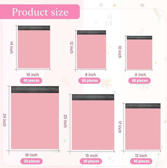 Outus 240 Pcs Poly Mailers Variety Size Pack Mailing Shipping Bags Assorted Sizes Shipping Envelopes Self Adhesive Waterproof and Tear Proof Packaging Bags for Clothing Book Gift(Pink,6 Sizes)