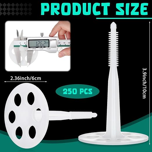 Wonderjune 250 Pcs 4" Plastic Insulation Masonry Fasteners 2.4" Washers Heavy Duty Plastic Concrete Anchors Pins Rigid Foam Board Insulation Fasteners for Concrete, Brick, Masonry Walls