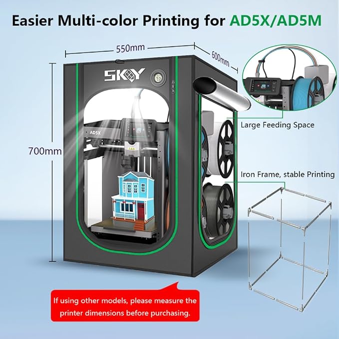 AD5X Enclosure with Ventilation Kit, Fireproof & Dustproof Noise Reduction 3D Printer Cover with USB LED Lighting System for Flashforge AD5X/AD5M 3D Printer