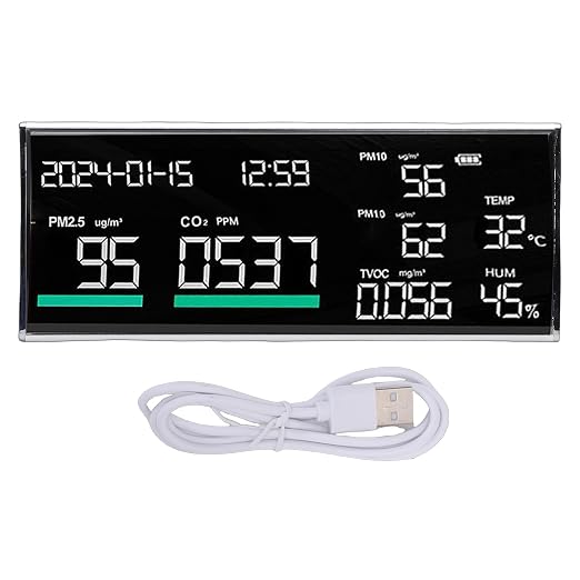 Air Quality Tester, Indoor Air Quality Monitor, Intuitive & Clear Display, PM2.5 PM1.0 PM10 Temperature Humidity CO2 TVOC Time Date Display for Home Hotel School