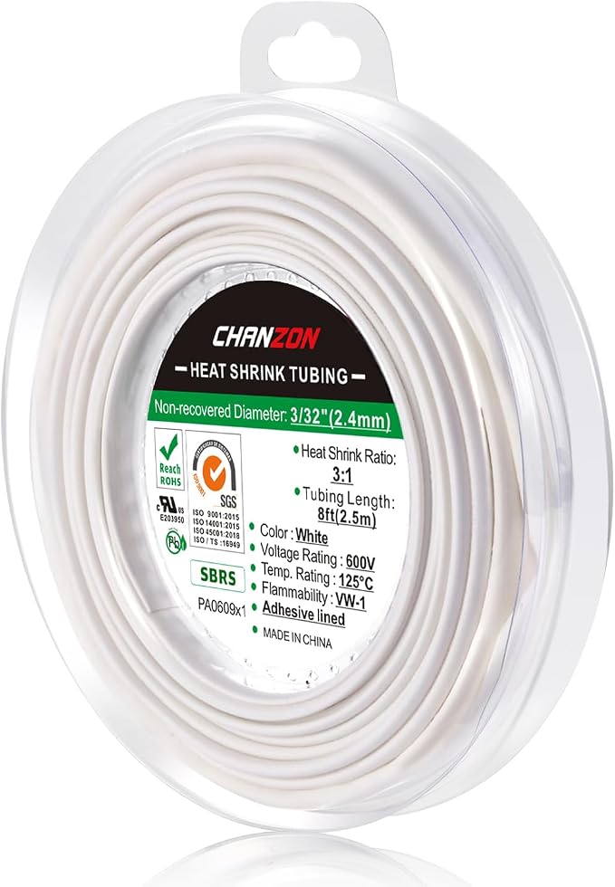 Chanzon 3:1 Ratio 3/32" (2.4mm) Heat Shrink Tubing - Marine Grade Waterproof Adhesive Lined - 8Ft Roll (2.5M Total Length) White Polyolefin Sleeving Wrap Shrinking 3 to 1 Ratio 1pcs