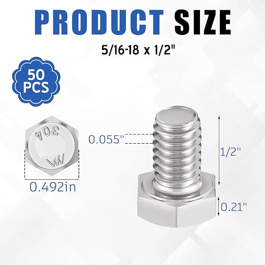 Zonon 50 Pcs 5/16-18 x 1/2" Hex Head Screw Bolt 18-8 (304) Stainless Steel Hexagon Bolts, Fully Threaded, Plain Finish, External Hex Drive (Silver)
