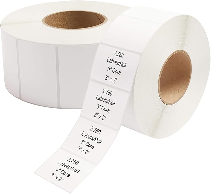 Industrial Thermal Transfer Labels 3x2 for Barcode Shipping, Ribbon Required, 3 Inch Core, 2 Rolls/Case 2750 per Roll, Perforated, Compatible with Thermal Transfer Printers